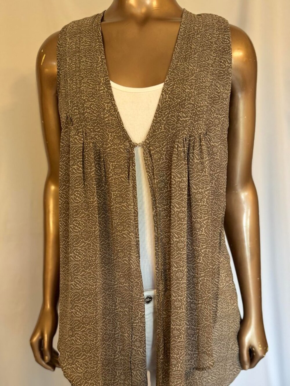 CAbi Flowy, Sleeveless Cardigan Vest w/ Clasped Ruffle Front